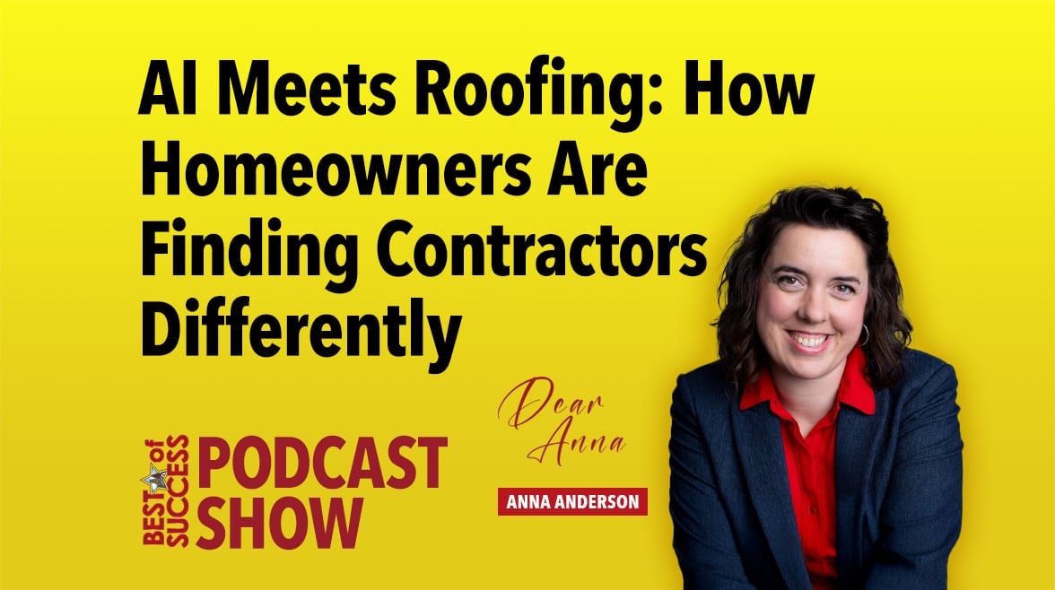 A smiling woman next to text about AI in roofing and how homeowners find contractors differently.