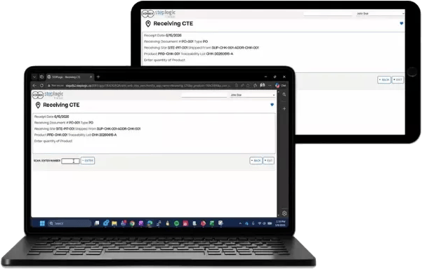 Steplogic 'Receiving CTE' application on a laptop and a tablet, displaying product receiving details.