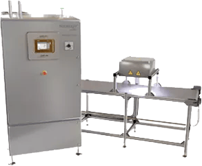 Industrial X-ray inspection machine with a control panel and a conveyor belt for quality control.