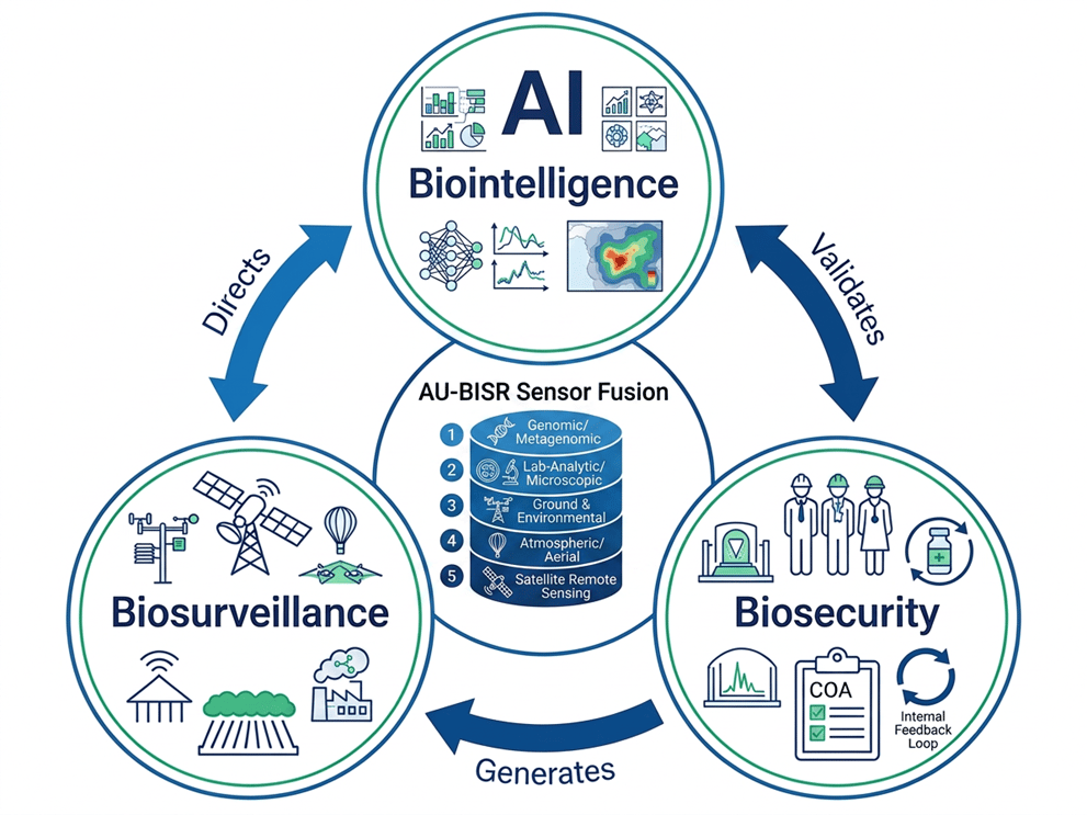 Diagram showing AI Biointelligence directing Biosurveillance, which generates Biosecurity, which validates AI Biointelligence. AU-BISR Sensor Fusion is at the center, listing data types.