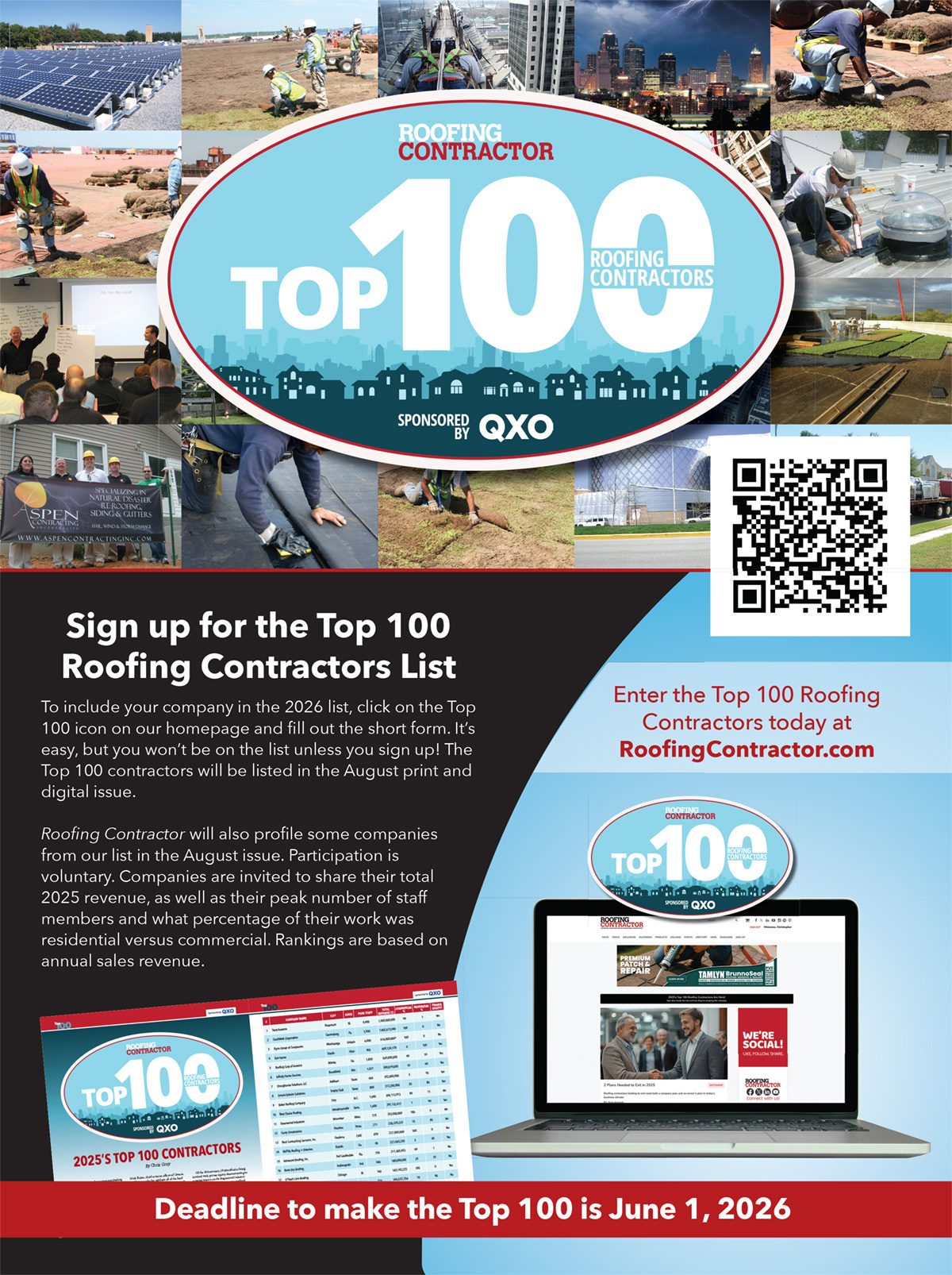 An ad inviting roofing contractors to sign up for the Top 100 list by June 1, 2026, featuring various roofing images.