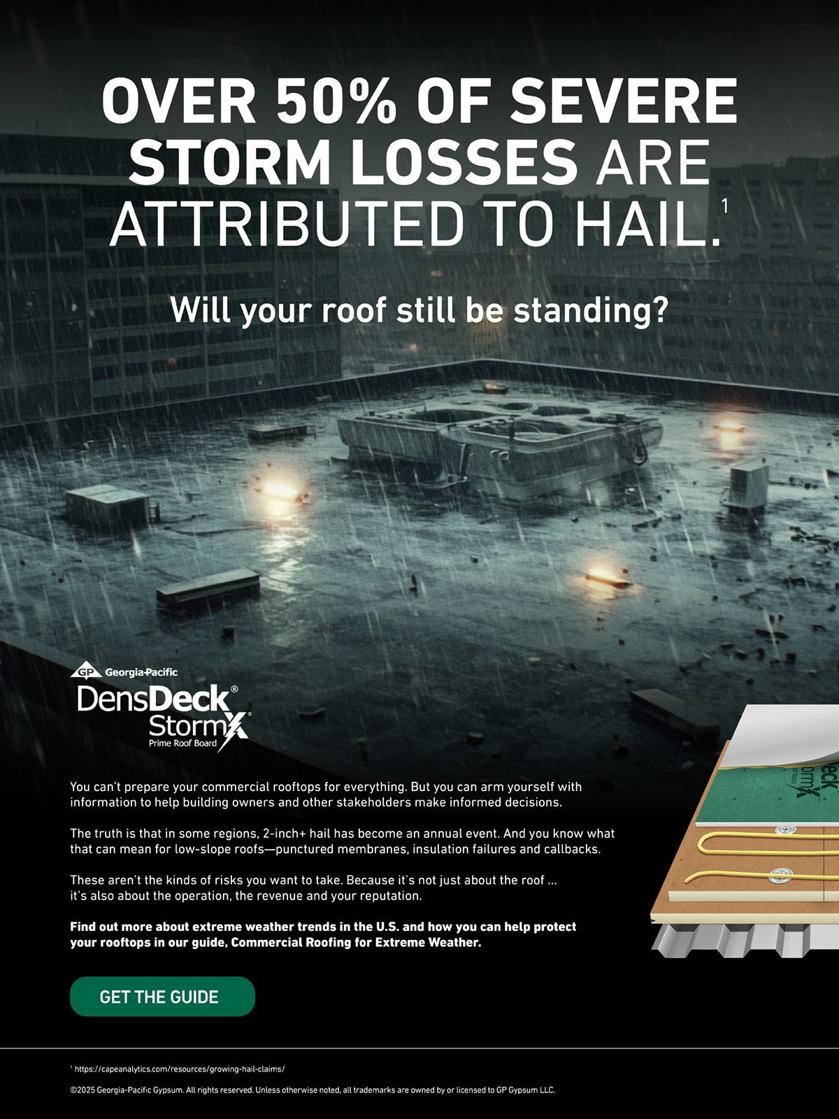 Ad for DensDeck StormX: Commercial roofing for hail protection.