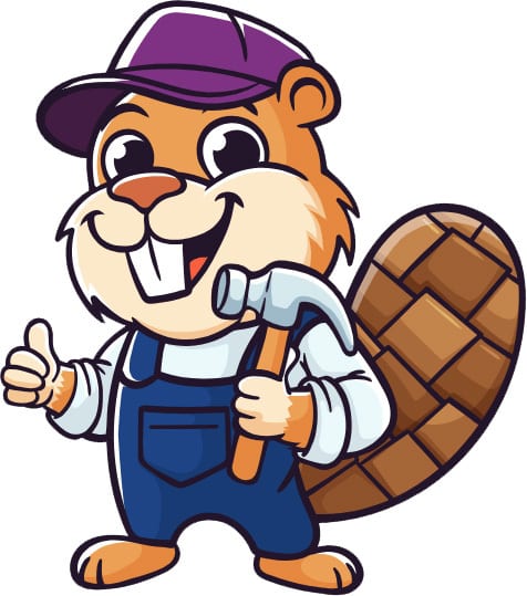 Cartoon beaver in overalls and cap, holding a hammer and giving a thumbs up.