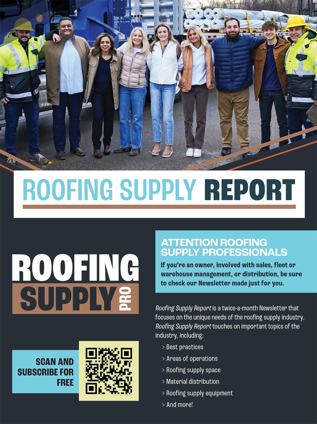 A diverse group of roofing supply professionals standing in front of a truck, promoting a newsletter.