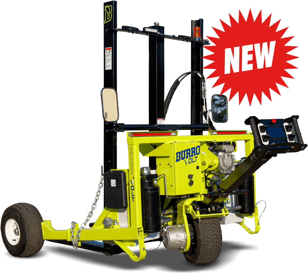 A new lime green BURRO VOLT electric towable lift/forklift with a black mast and wheels.