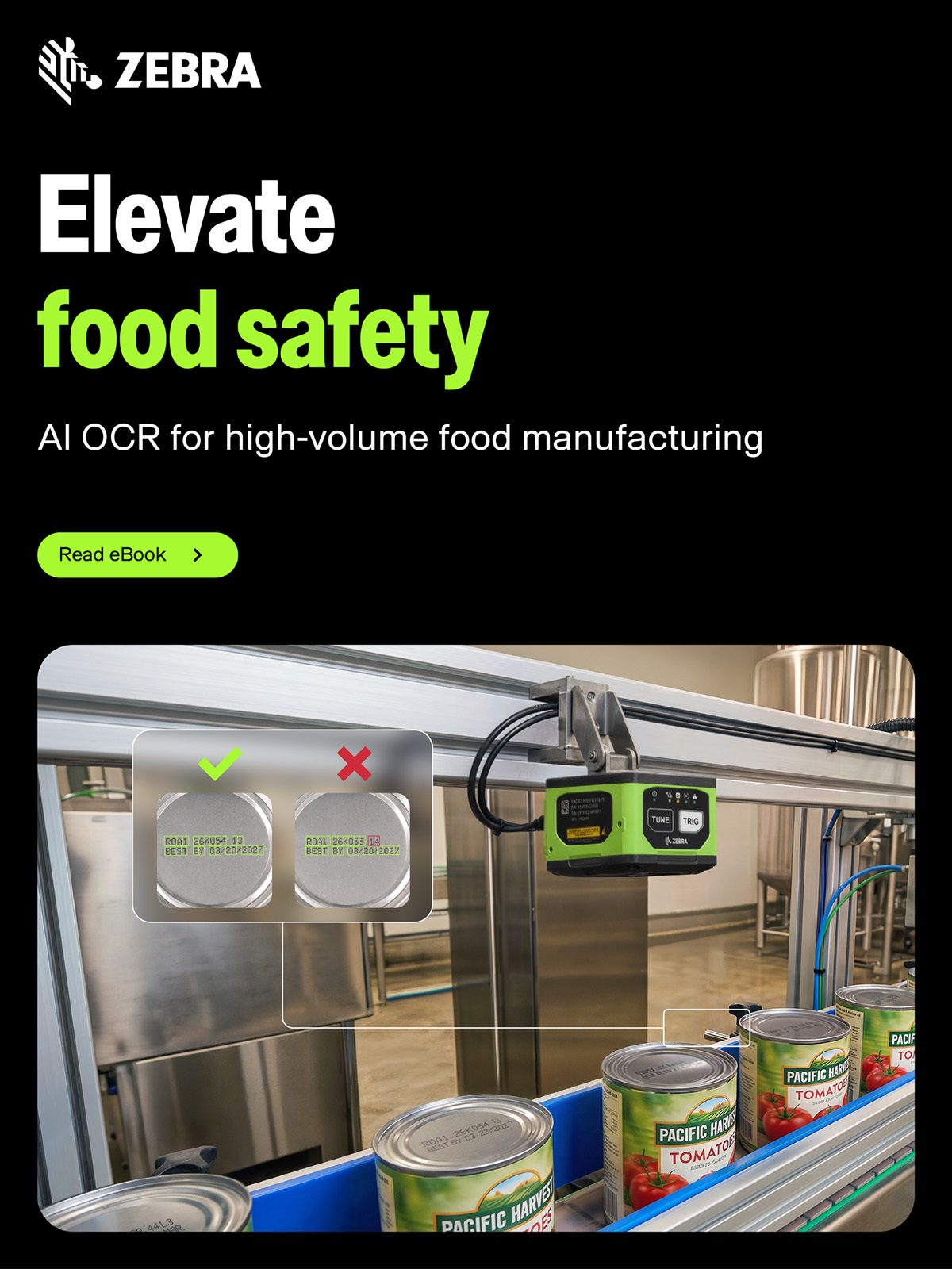 AI OCR system for food safety, verifying dates on cans in high-volume food manufacturing.