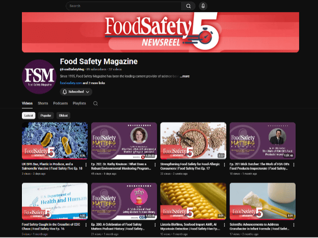 YouTube channel page for Food Safety Magazine, displaying various videos on food safety topics.