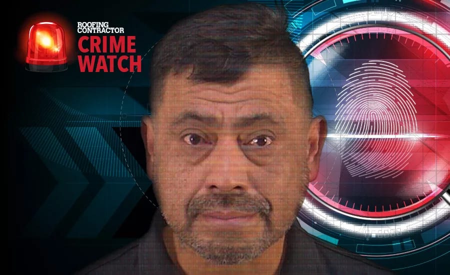 Mugshot of a man over "Roofing Contractor Crime Watch" graphic, with siren and fingerprint.