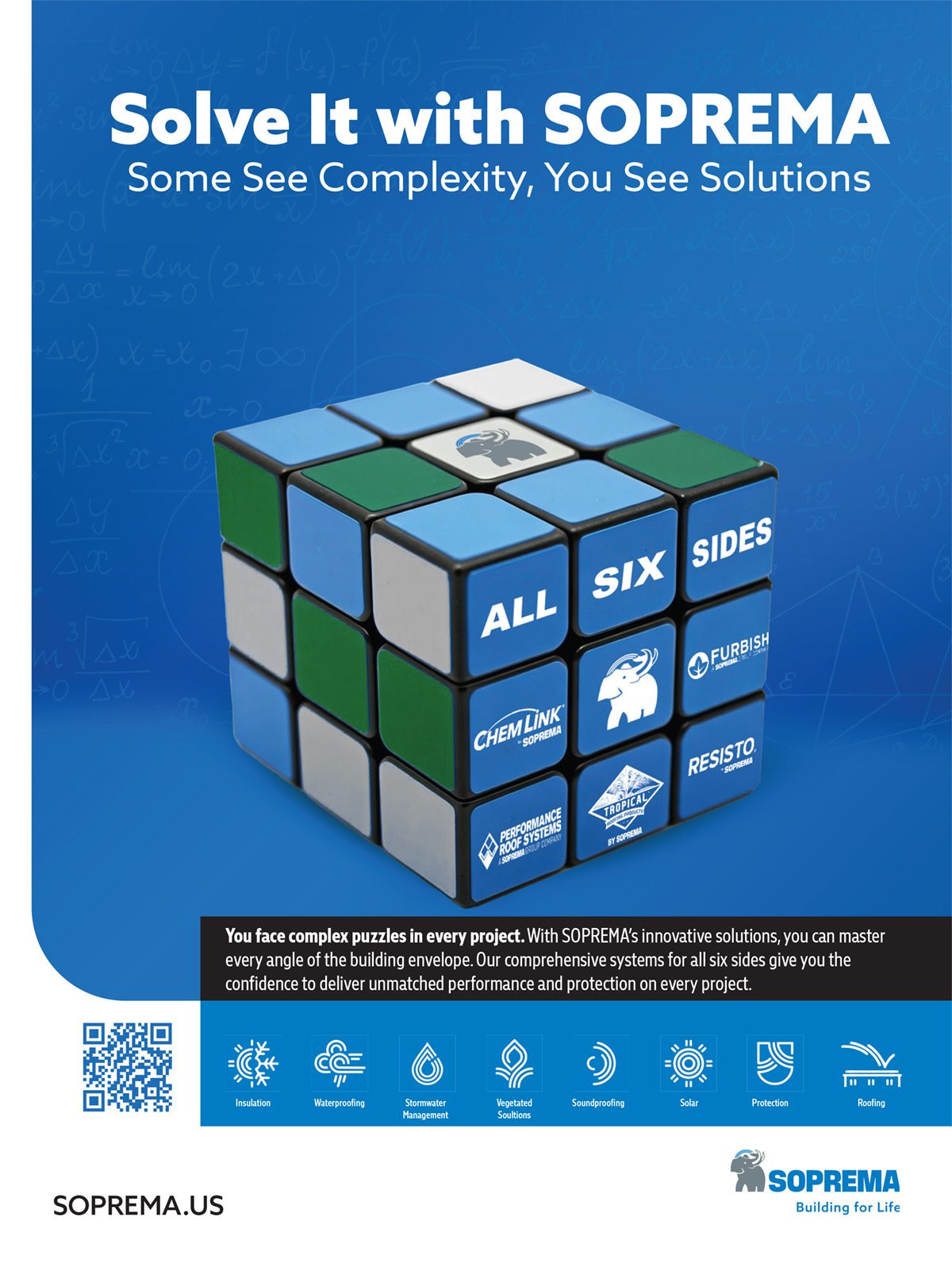 Rubik's Cube with "ALL SIX SIDES" promoting SOPREMA building envelope solutions.