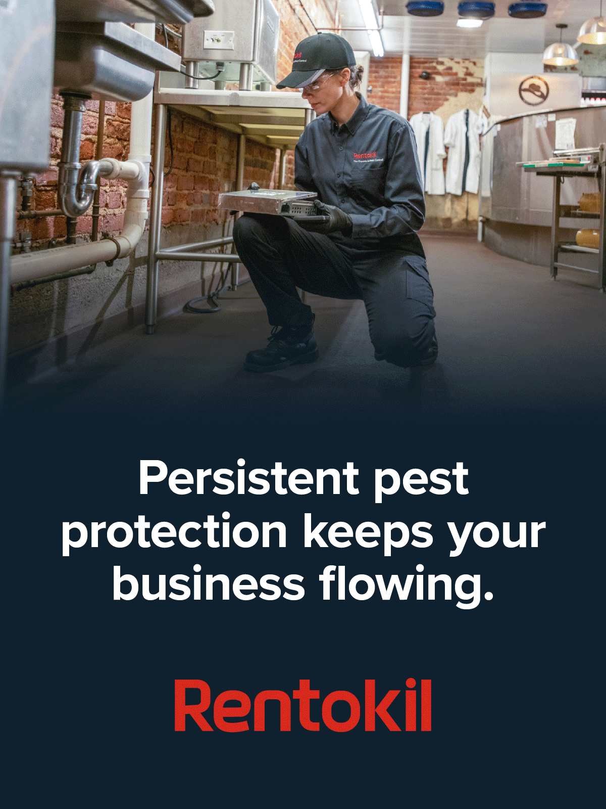 A Rentokil technician kneels in a commercial kitchen, inspecting a pest trap near a sink, ensuring business continuity.