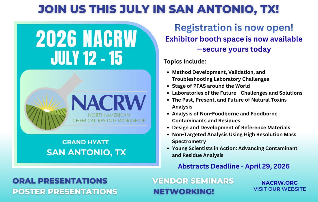 Advertisement for the 2026 North American Chemical Residue Workshop (NACRW) in San Antonio, TX.