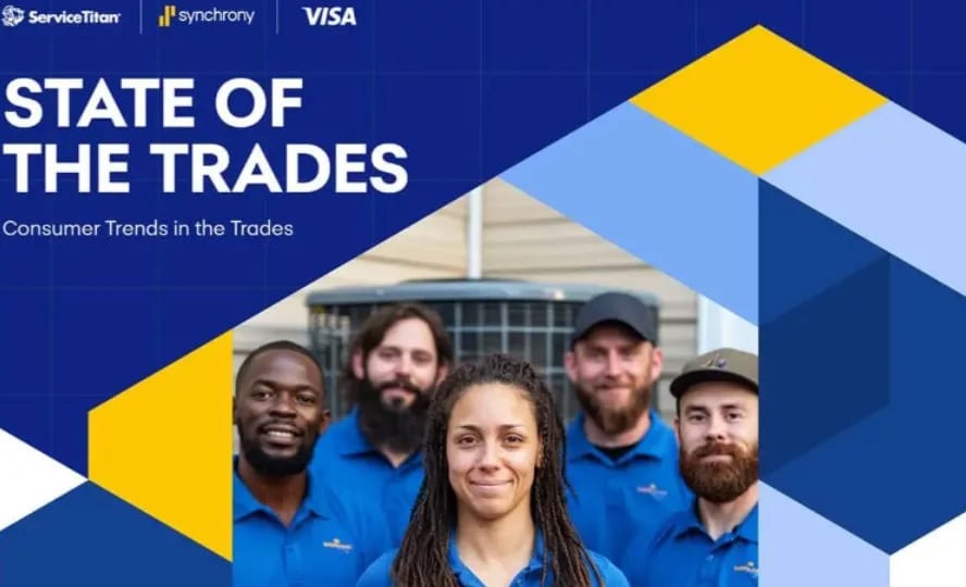 Five smiling, diverse tradespeople below a "STATE OF THE TRADES" banner and company logos.