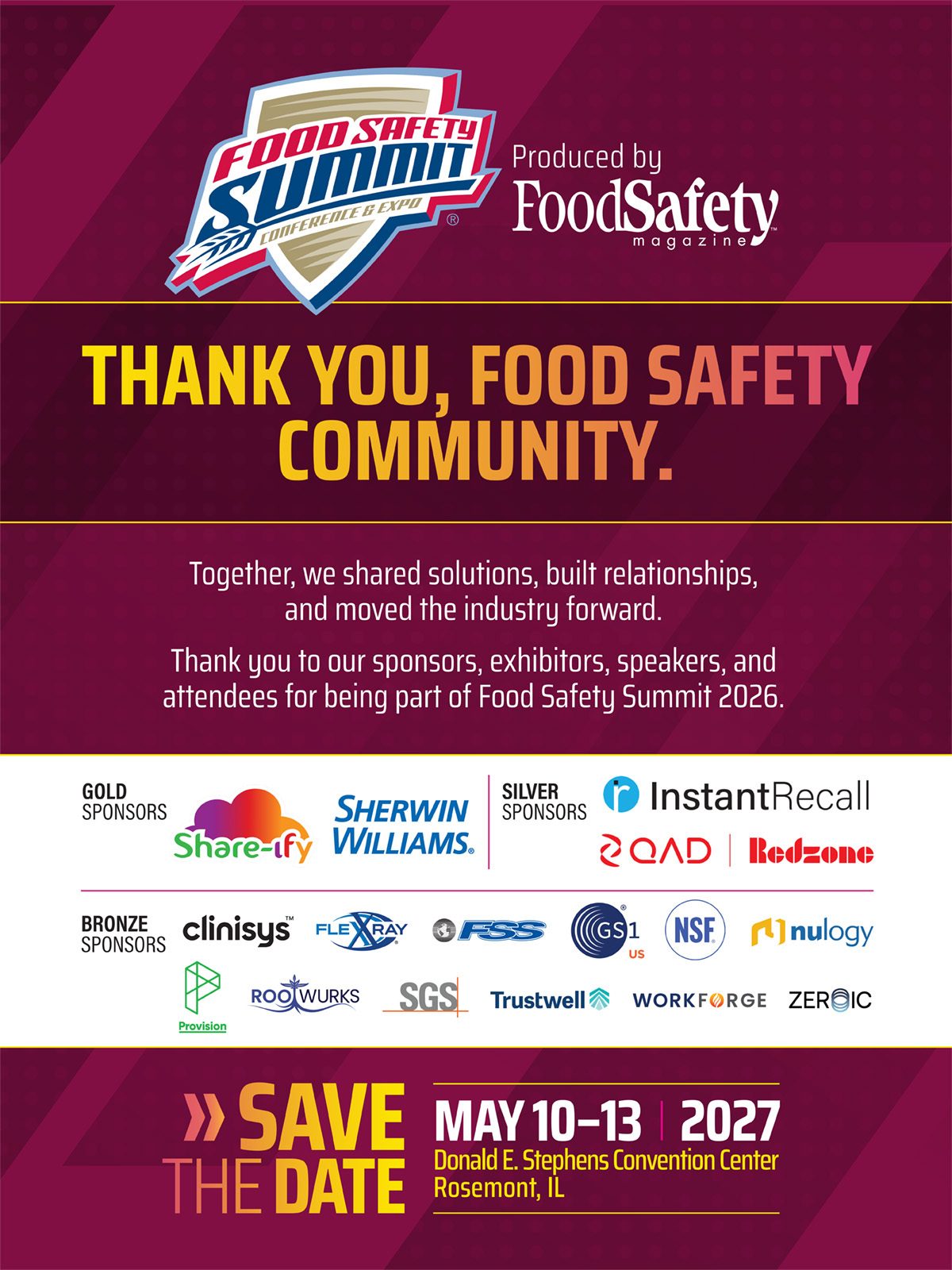 Thank you for attending the Food Safety Summit, with sponsor logos and save the date for May 10-13, 2027.