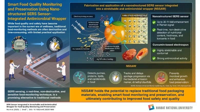 Infographic: Smart food quality monitoring and preservation using NSSAW (SERS sensor wrapper).