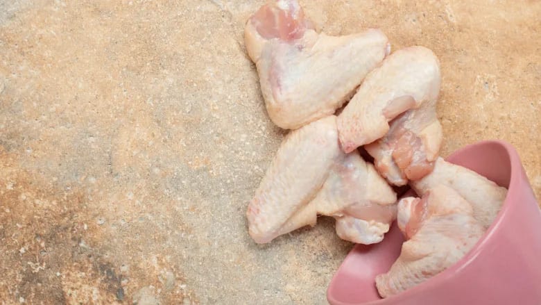Raw chicken wings on a textured surface, with some spilling from a pink bowl.