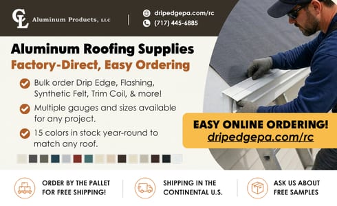 Ad for Aluminum Roofing Supplies, featuring a man installing roofing, product benefits, and online ordering information.
