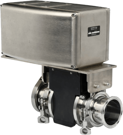 Industrial stainless steel flow meter with a rectangular housing and two circular pipe connections.