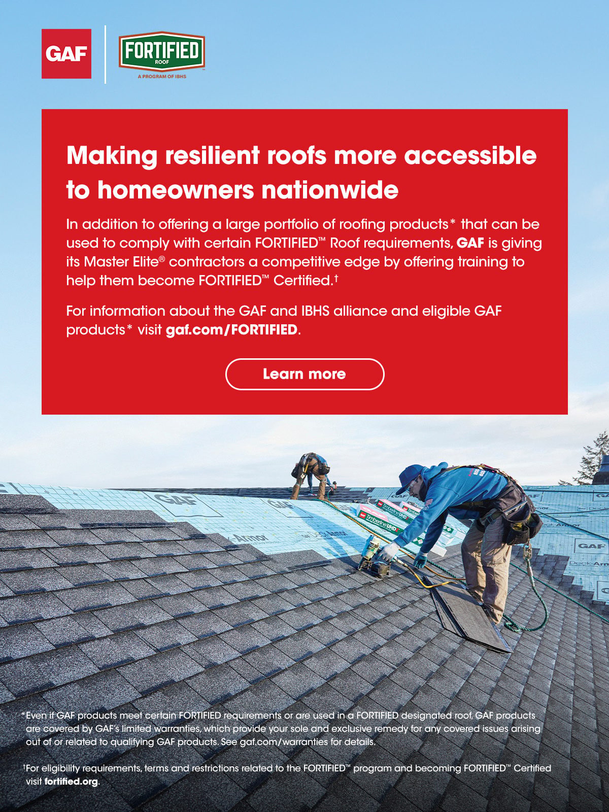 GAF ad: Text about FORTIFIED roofs for homeowners, with roofers installing shingles.