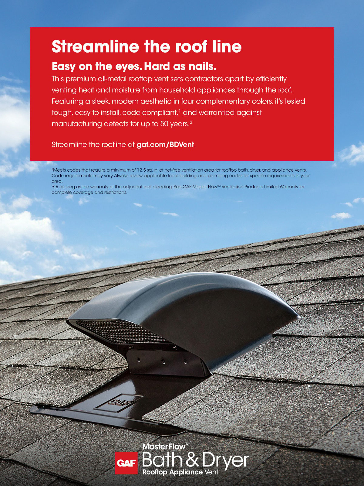 A dark GAF Bath & Dryer Rooftop Appliance Vent on a shingled roof, with text "Streamline the roof line".