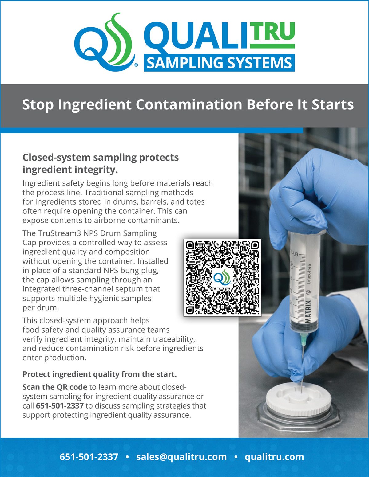 QualiTru ad showing a hand with a syringe sampling from a container, promoting closed-system sampling.