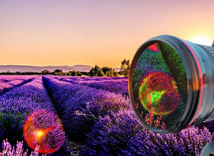 A vibrant lavender field at sunset, with a camera lens in the foreground reflecting the colorful scene.