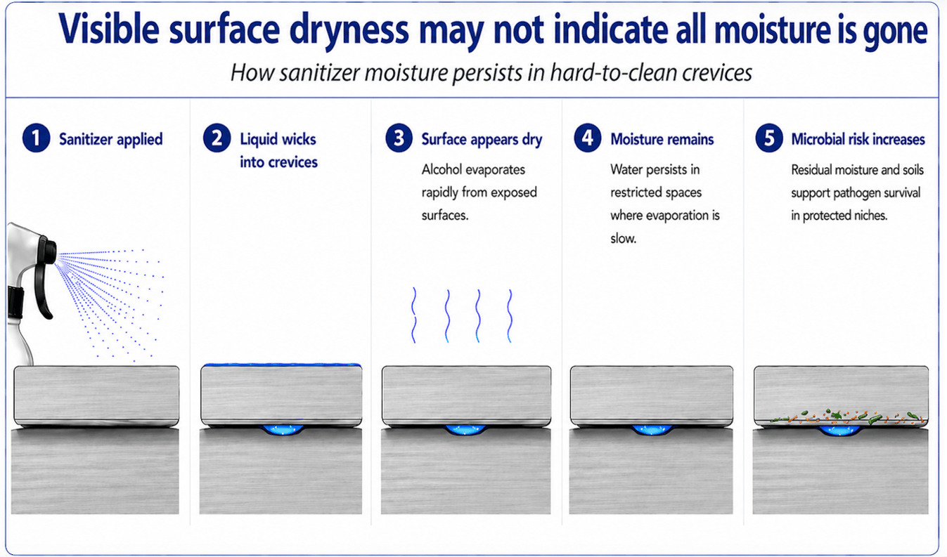 Diagram showing how sanitizer moisture persists in crevices, leading to microbial risk despite surface dryness.