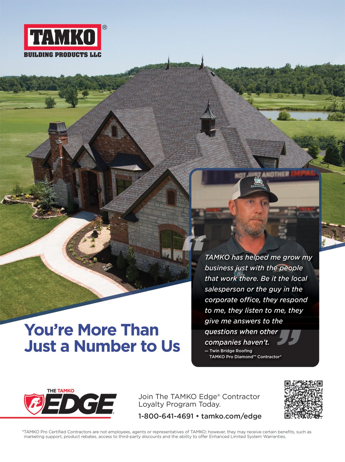 An ad for TAMKO Building Products featuring a large house with their roof and a contractor testimonial.