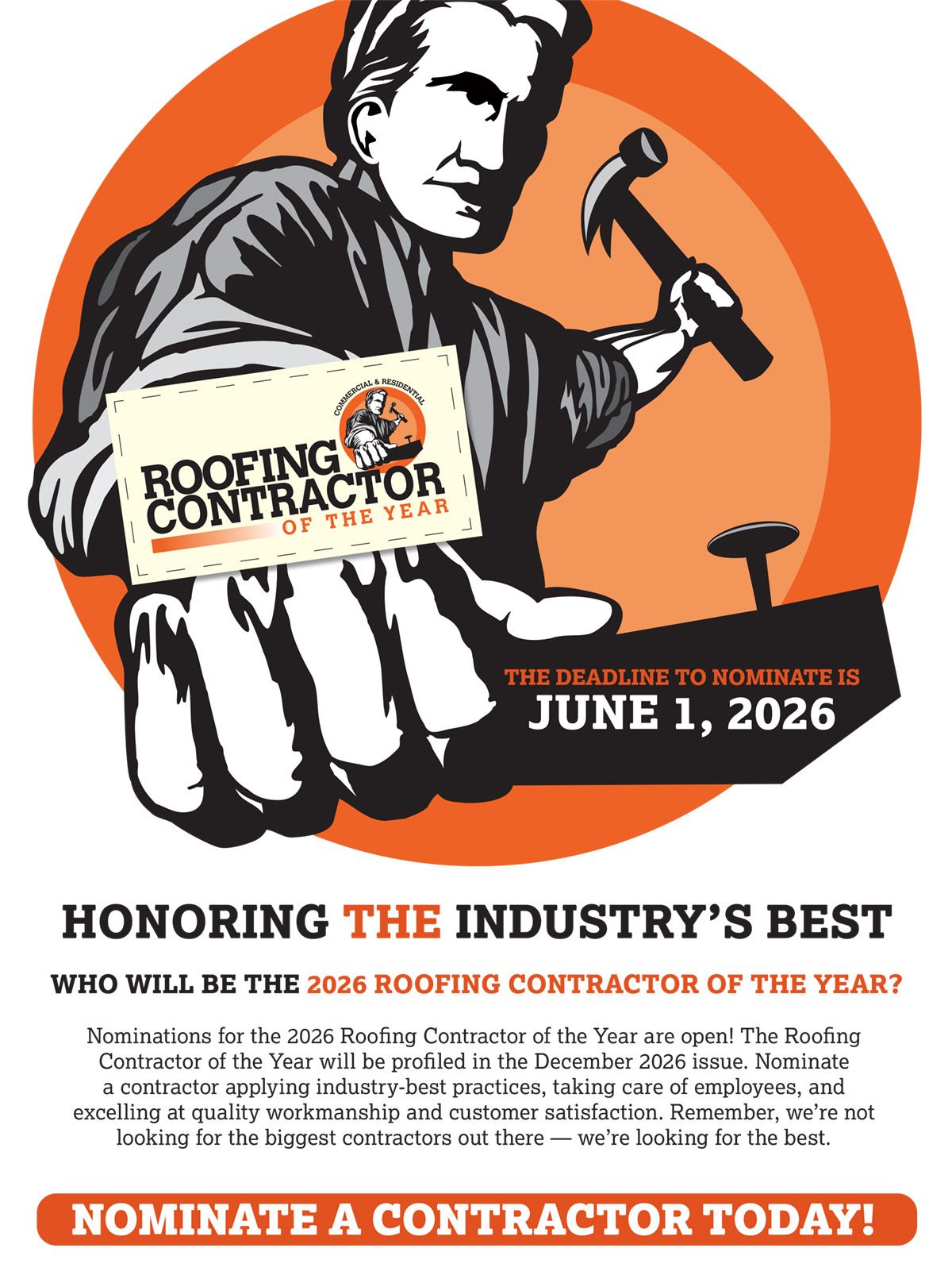 Illustration of a man with a hammer and a "Roofing Contractor of the Year" award, promoting nominations.