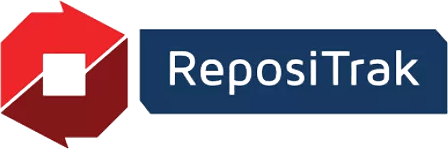 ReposiTrak logo with a red and dark red square symbol and text in a blue rectangle.