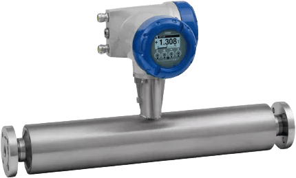 Industrial flow meter, stainless steel, with digital display showing measurement.
