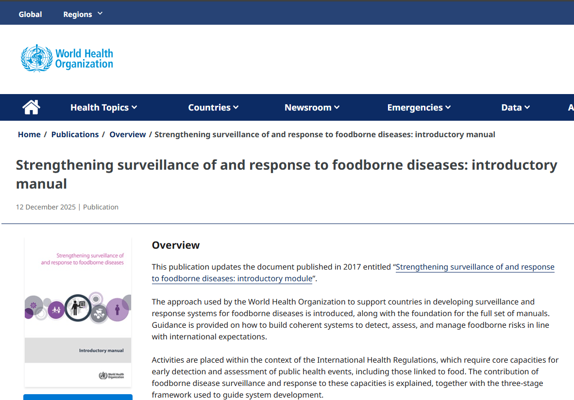 WHO webpage for "Strengthening surveillance of and response to foodborne diseases introductory manual."