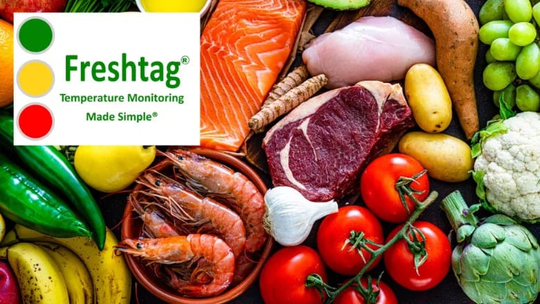 Freshtag temperature monitoring logo above fresh meat, fish, shrimp, and various fruits/vegetables.