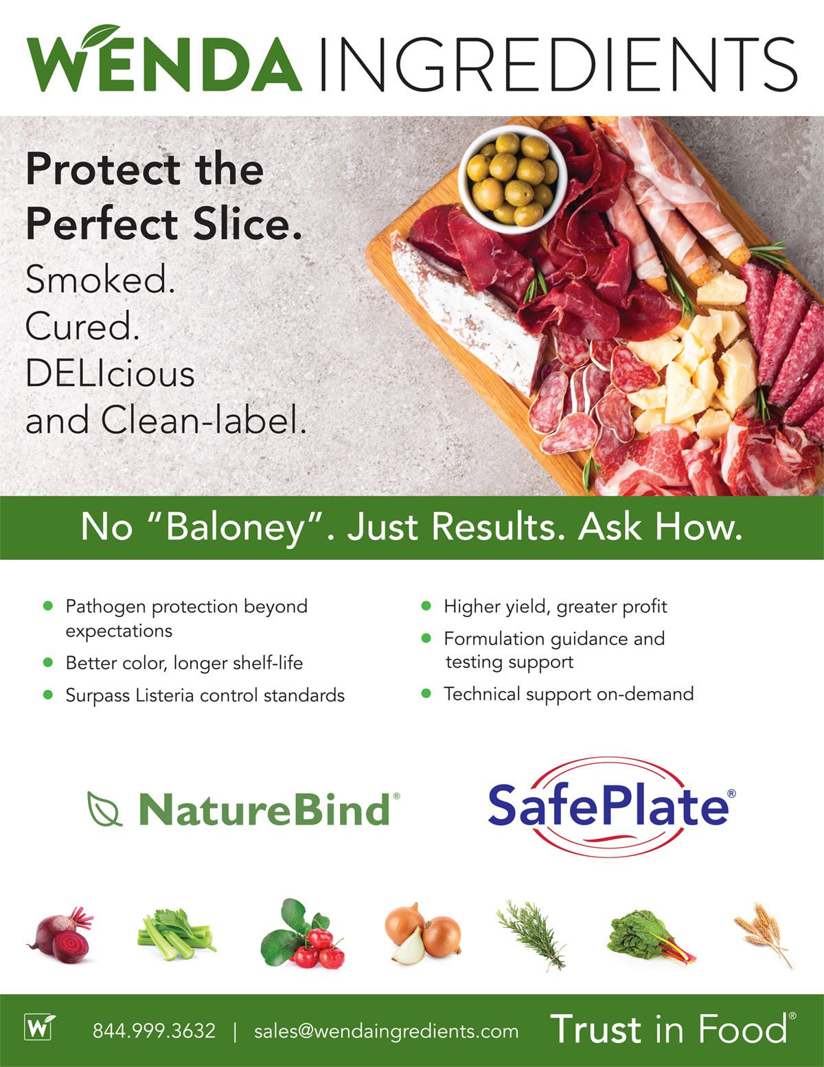 Wenda Ingredients ad: Charcuterie board. Clean-label ingredients for perfect deli meats.