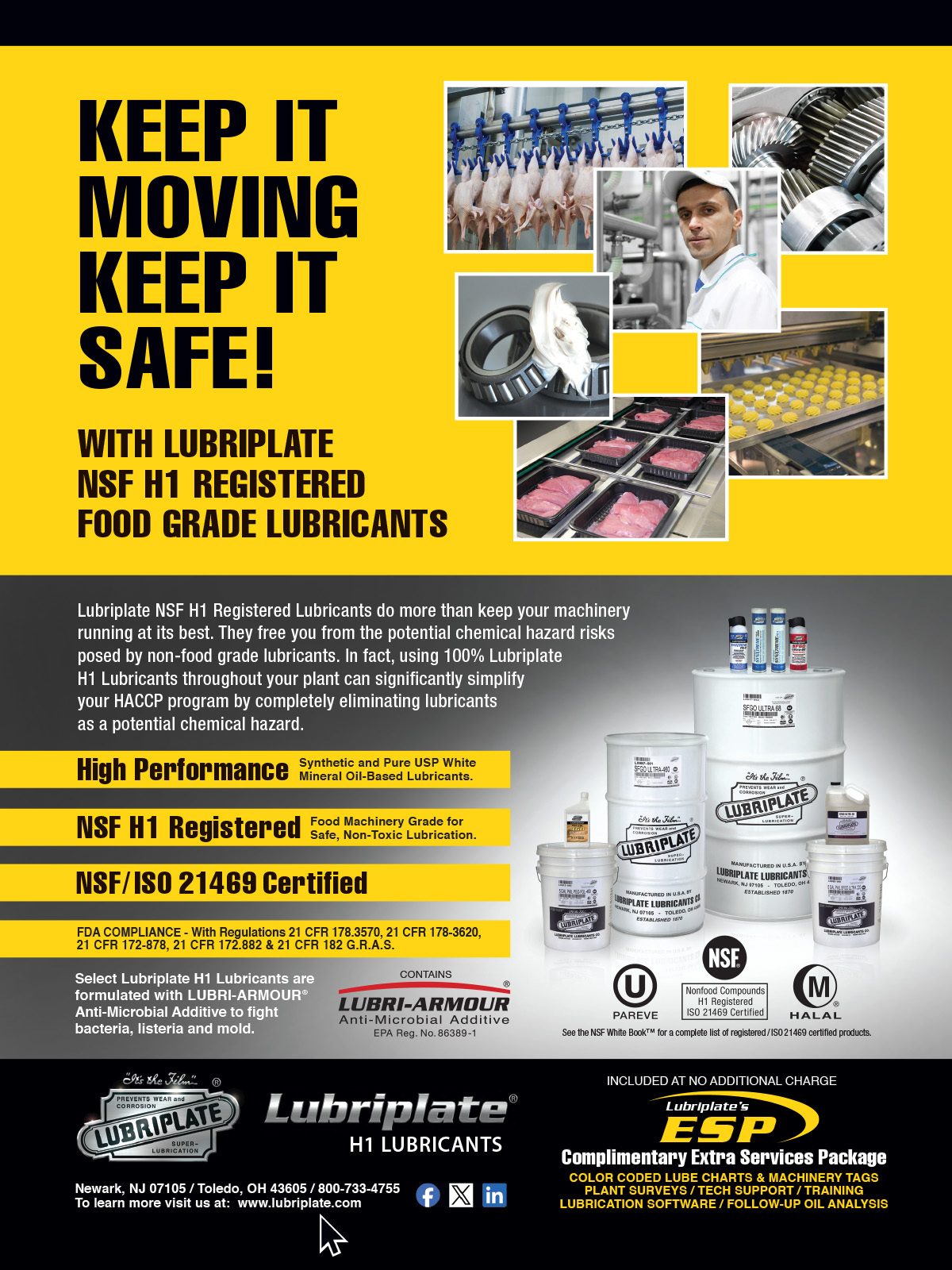Ad for Lubriplate H1 food-grade lubricants, showing food processing and machinery.