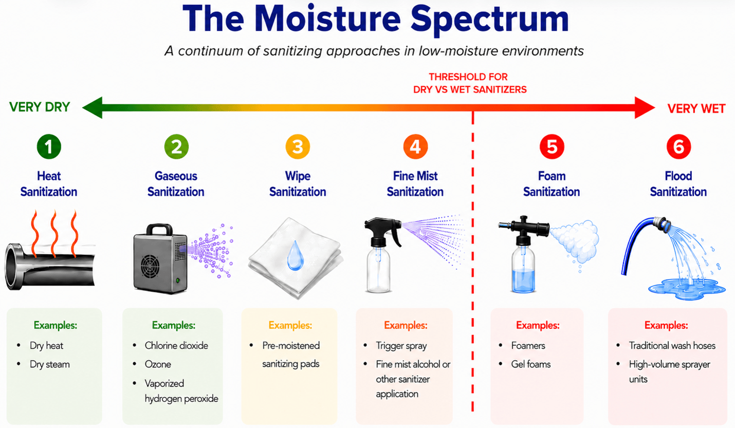 Chart illustrating six sanitization methods across a moisture spectrum from very dry to very wet, with examples.