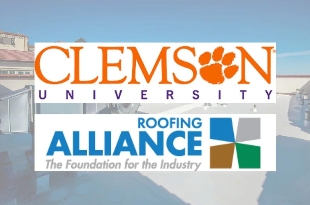 Clemson University and Roofing Alliance logos on a blurred rooftop background.