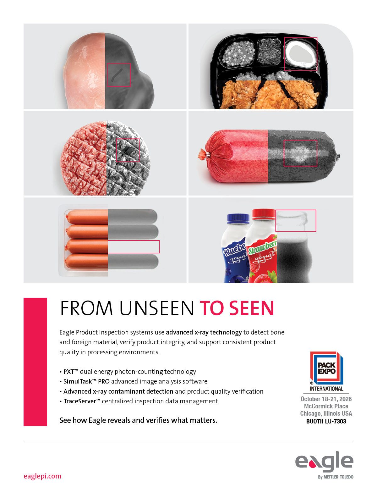 Eagle's x-ray technology shown detecting contaminants and verifying quality in various food products.