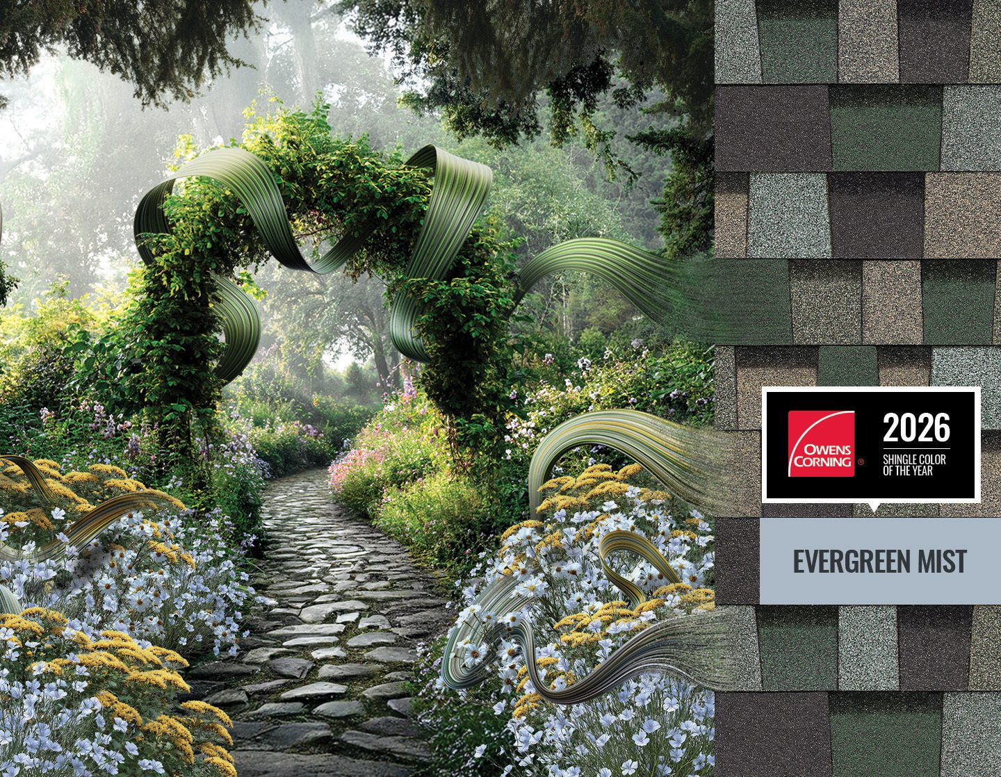 Owens Corning "Evergreen Mist" shingles blended with a misty garden path and green archway.