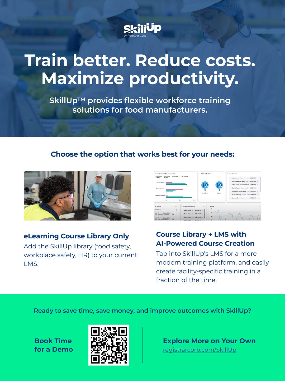 SkillUp workforce training for food manufacturers: reduce costs, maximize productivity via eLearning and LMS.