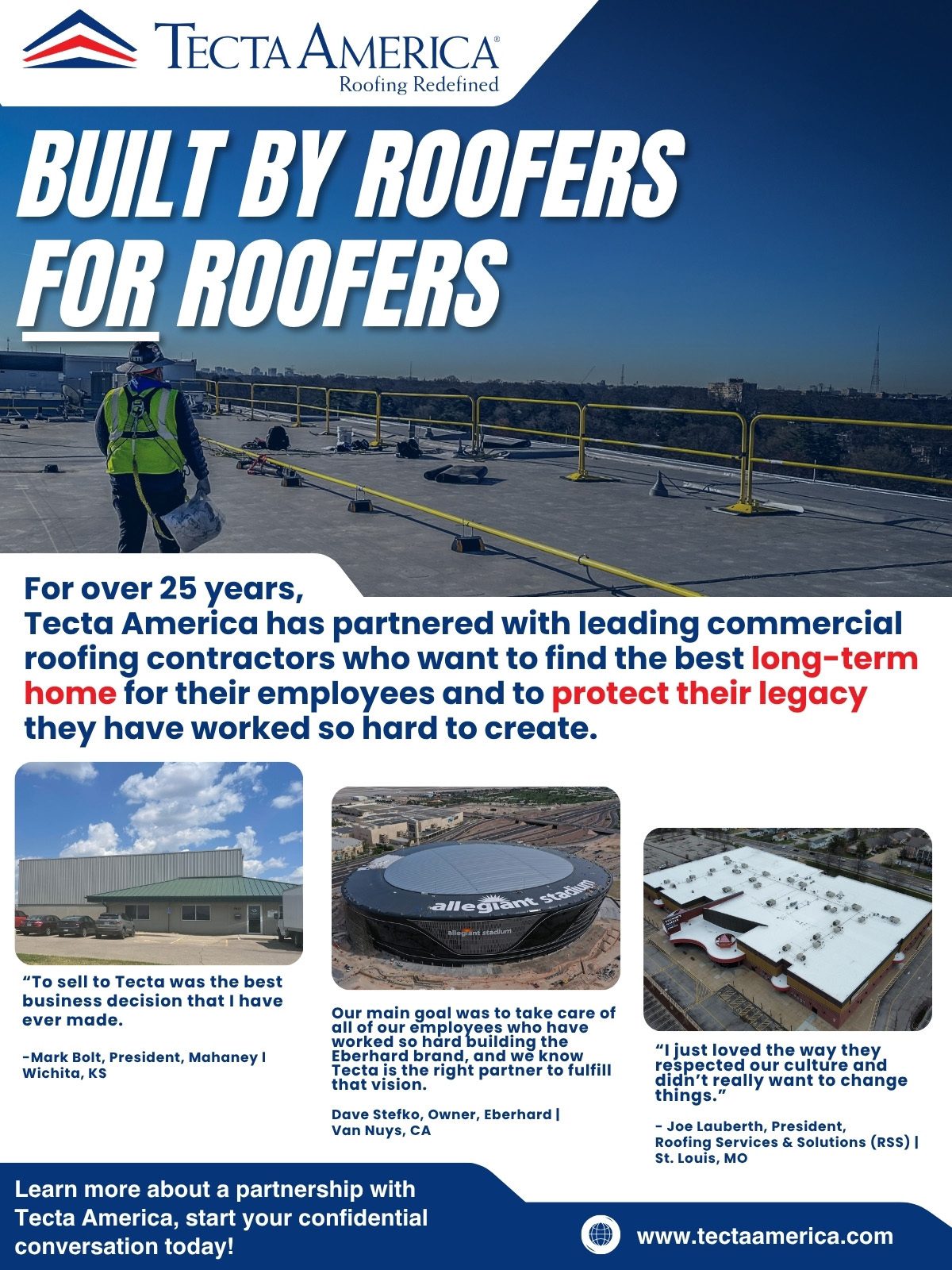 An advertisement for Tecta America, showing a roofer, project photos, and testimonials about roofing.