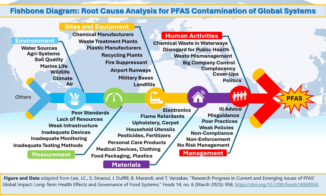 Fishbone diagram: Root cause analysis of PFAS contamination in global systems.