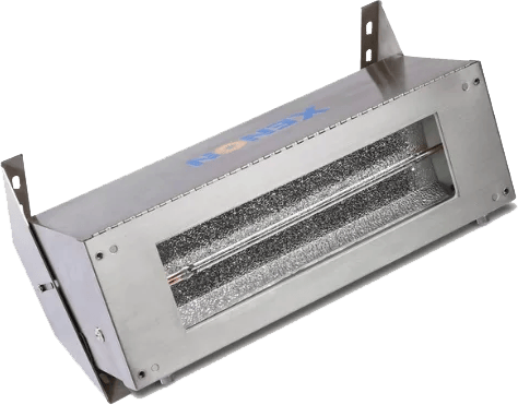 Silver rectangular XENON heater or lamp with a reflective interior and visible element.