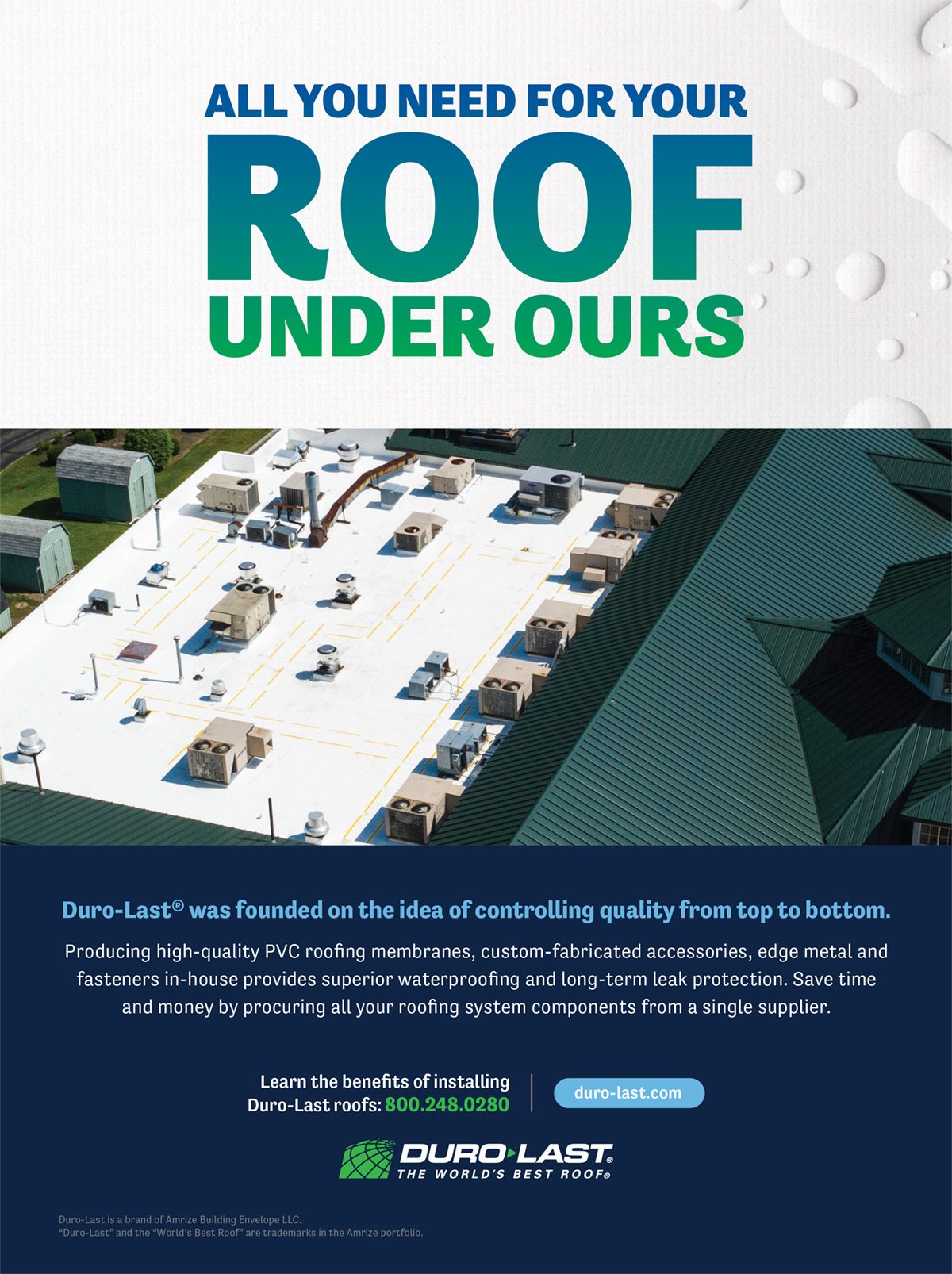 Duro-Last roofing ad: 'ROOF UNDER OURS' headline with an aerial view of a commercial roof.