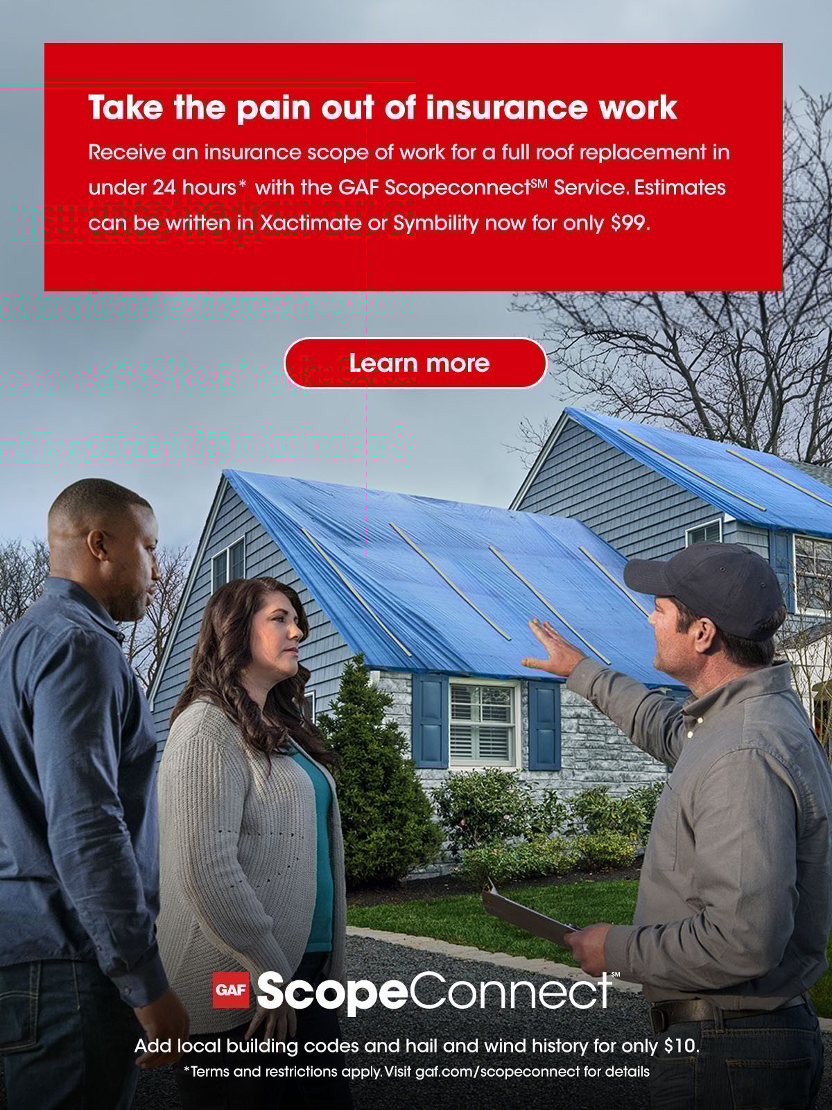 GAF ScopeConnect ad: Quick insurance estimates for roof replacement.
