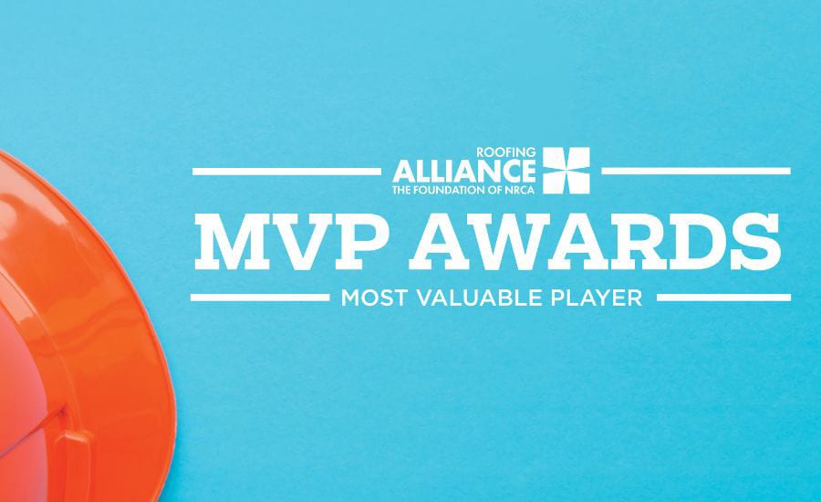 Roofing Alliance MVP Awards with orange hard hat on a blue background.