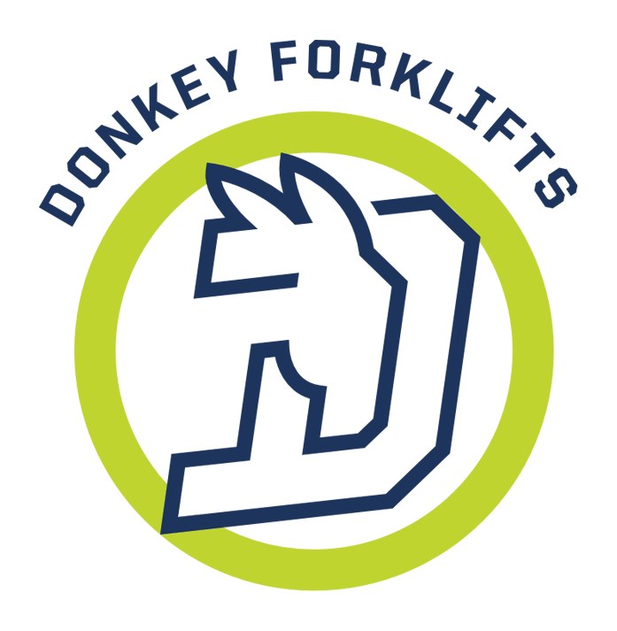 Stylized blue donkey head and forklift logo inside a lime green circle with 'DONKEY FORKLIFTS' text.