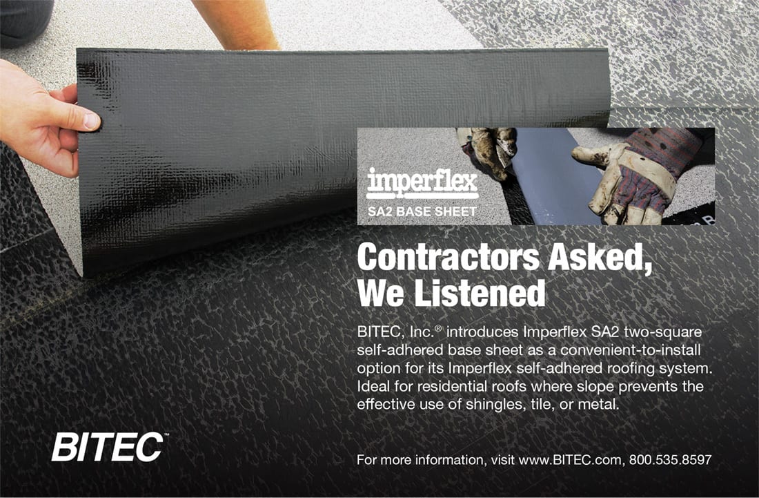BITEC Imperflex SA2 self-adhered base sheet being unrolled by hands on a roof.
