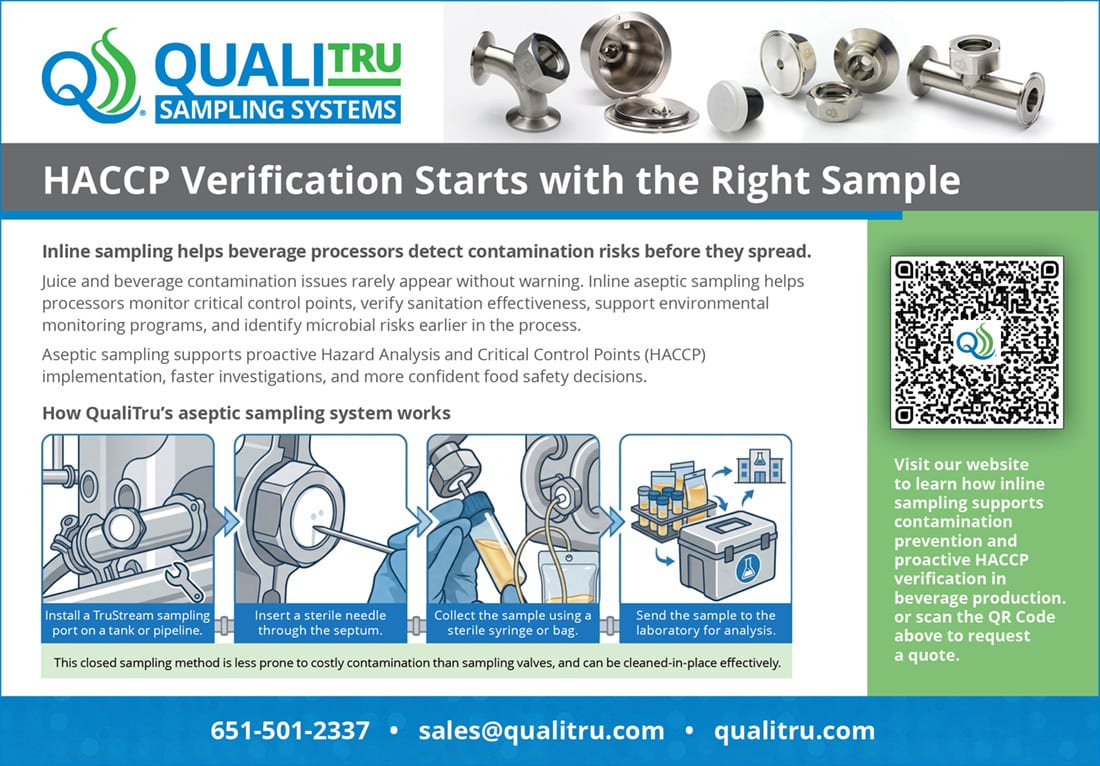 QualiTru Sampling Systems for HACCP verification, showing inline aseptic sampling workflow and benefits for beverage safety.