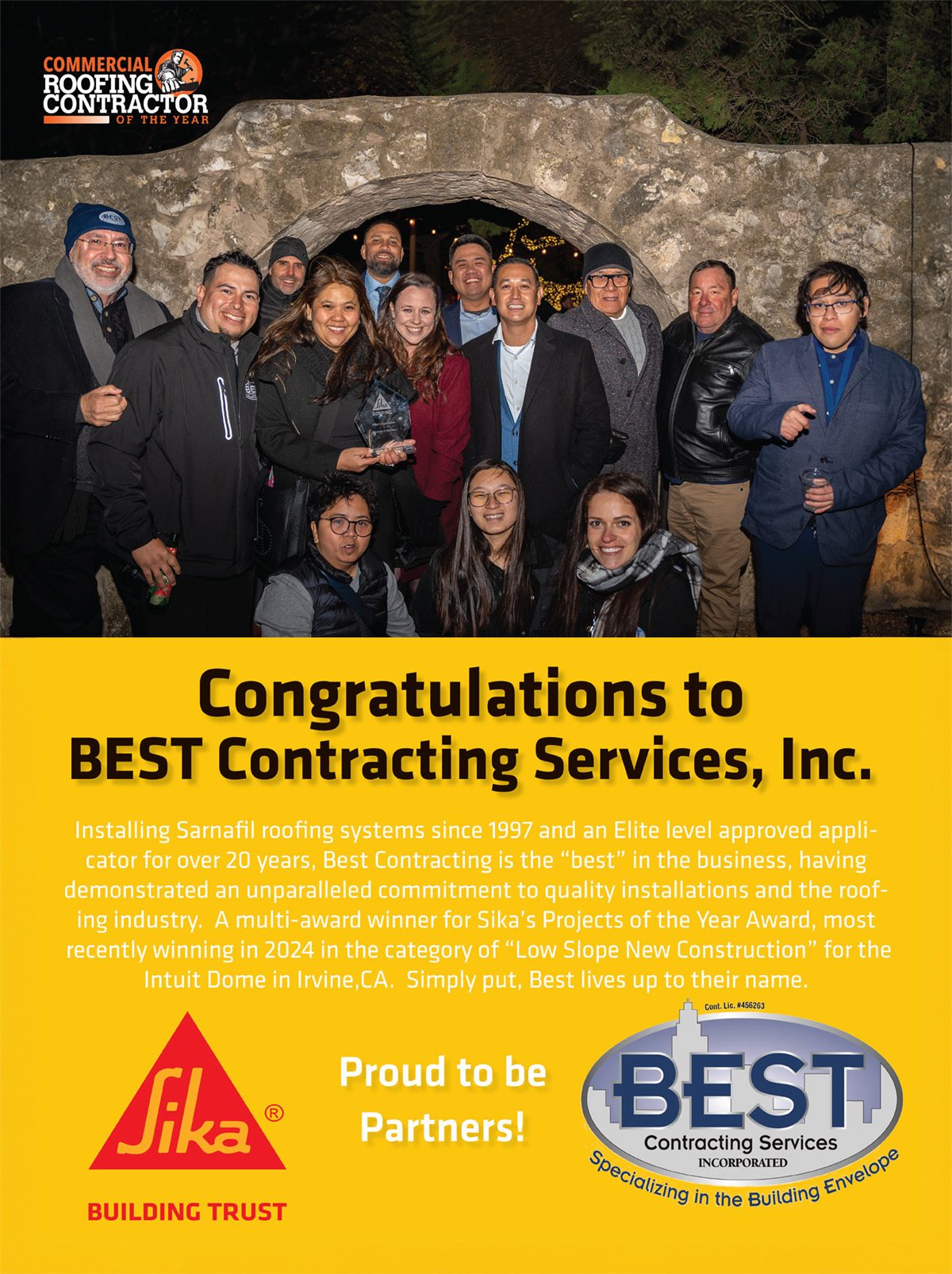 Group photo with text congratulating BEST Contracting Services on roofing awards, with logos.