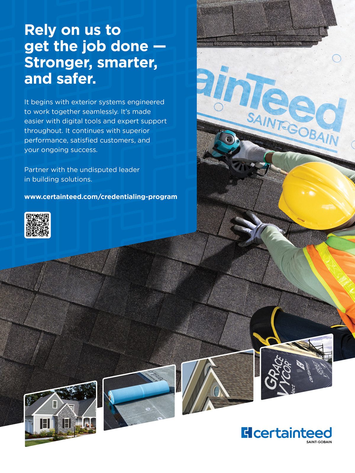 CertainTeed ad: Roofer installs shingles, promoting stronger, smarter, and safer building solutions.
